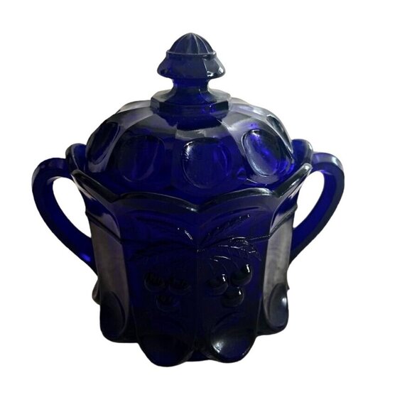 Vintage Westmorland Cobalt Blue Compote Biscuit Canister w Lid Grapes - Picture 11 of 12